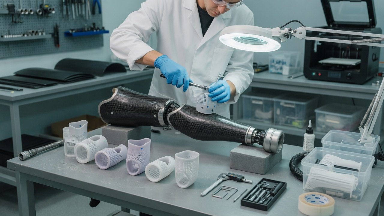 Prosthetic technician assembling a carbon-fibre limb in a clean workshop